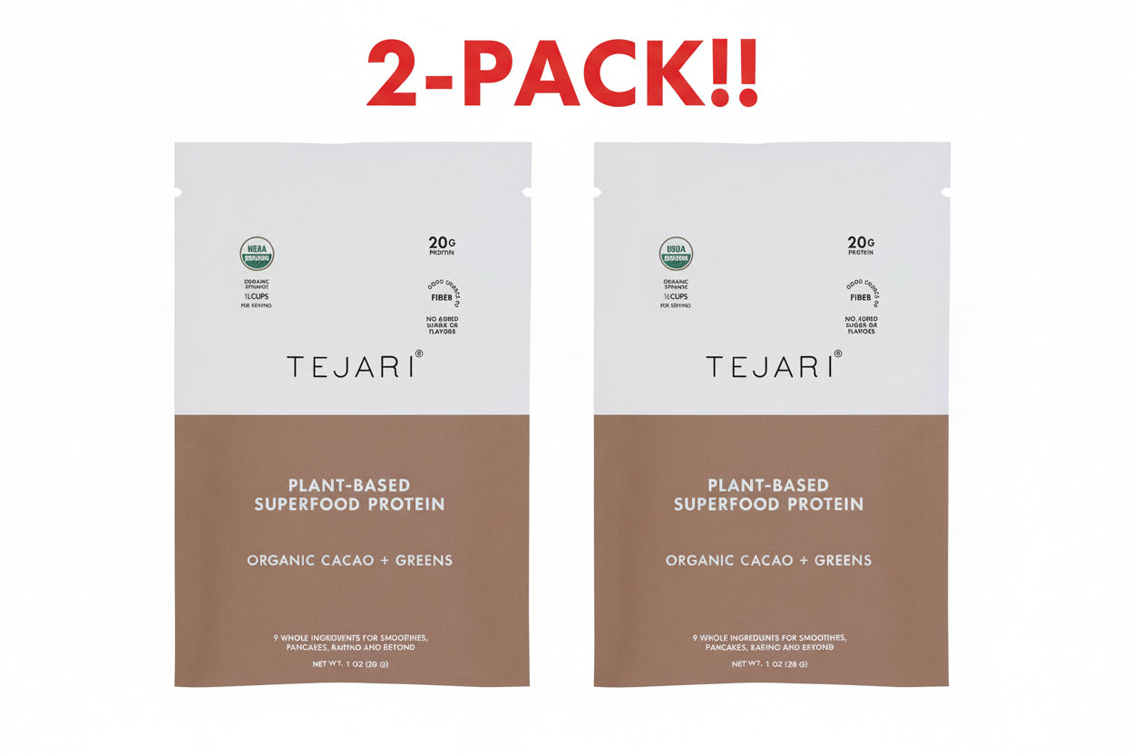 Two packages of Tejari plant-based superfood protein on a white background with '2-Pack!!' text.