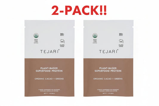Two packages of Tejari plant-based superfood protein on a white background with '2-Pack!!' text.