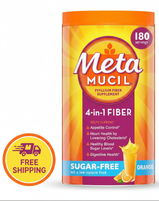 Meta Mucil fiber supplement container with free shipping icon on a white background
