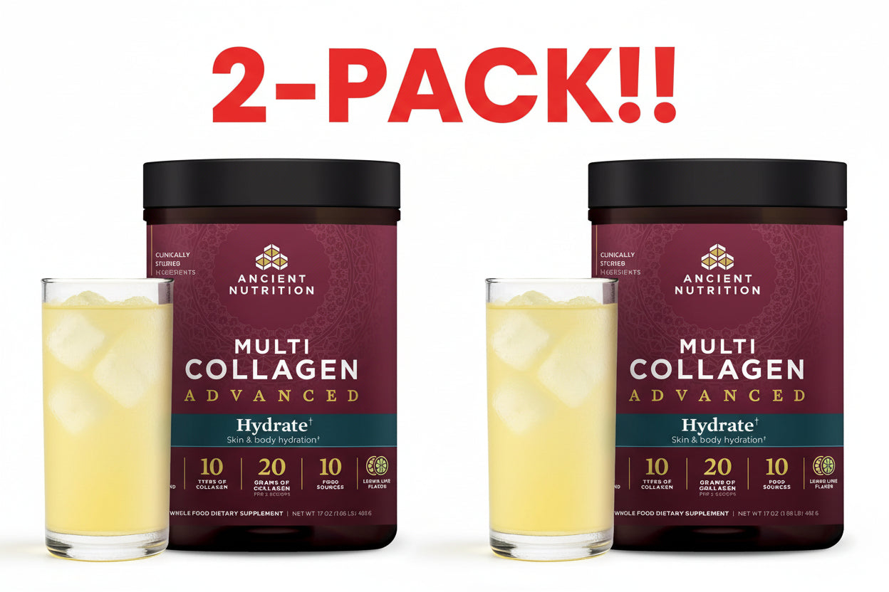 Two containers of Ancient Nutrition Multi Collagen Advanced with glasses of a yellow drink on a white background.