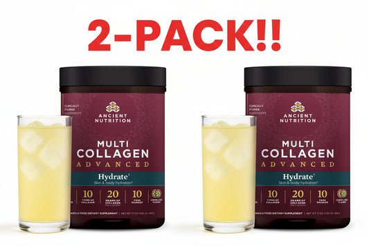 Two containers of Ancient Nutrition Multi Collagen Advanced with glasses of a yellow drink on a white background.