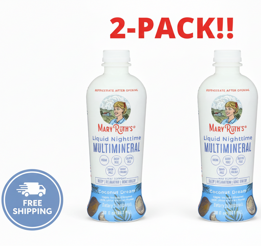 Two bottles of Mary Rohn's Liquid Nighttime Multimineral on a white background with '2-Pack!!' text.