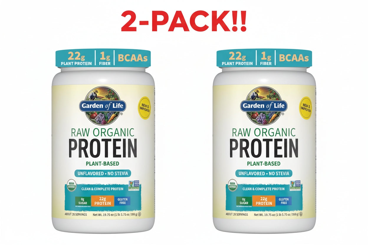Two bottles of Garden of Life raw organic protein on a white background with '2-Pack!!' text above.