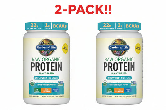 Two bottles of Garden of Life raw organic protein on a white background with '2-Pack!!' text above.