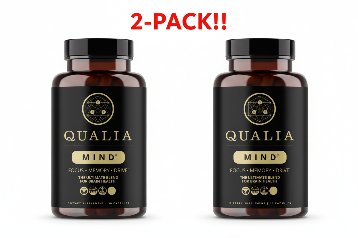 Two bottles of Qualia Mind supplements with a '2-Pack!' label on a white background.