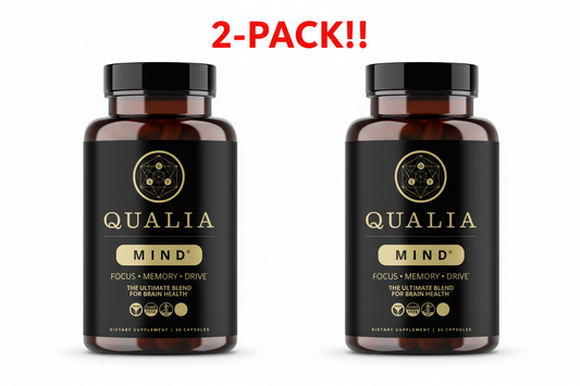 Two bottles of Qualia Mind supplements with a '2-Pack!' label on a white background.