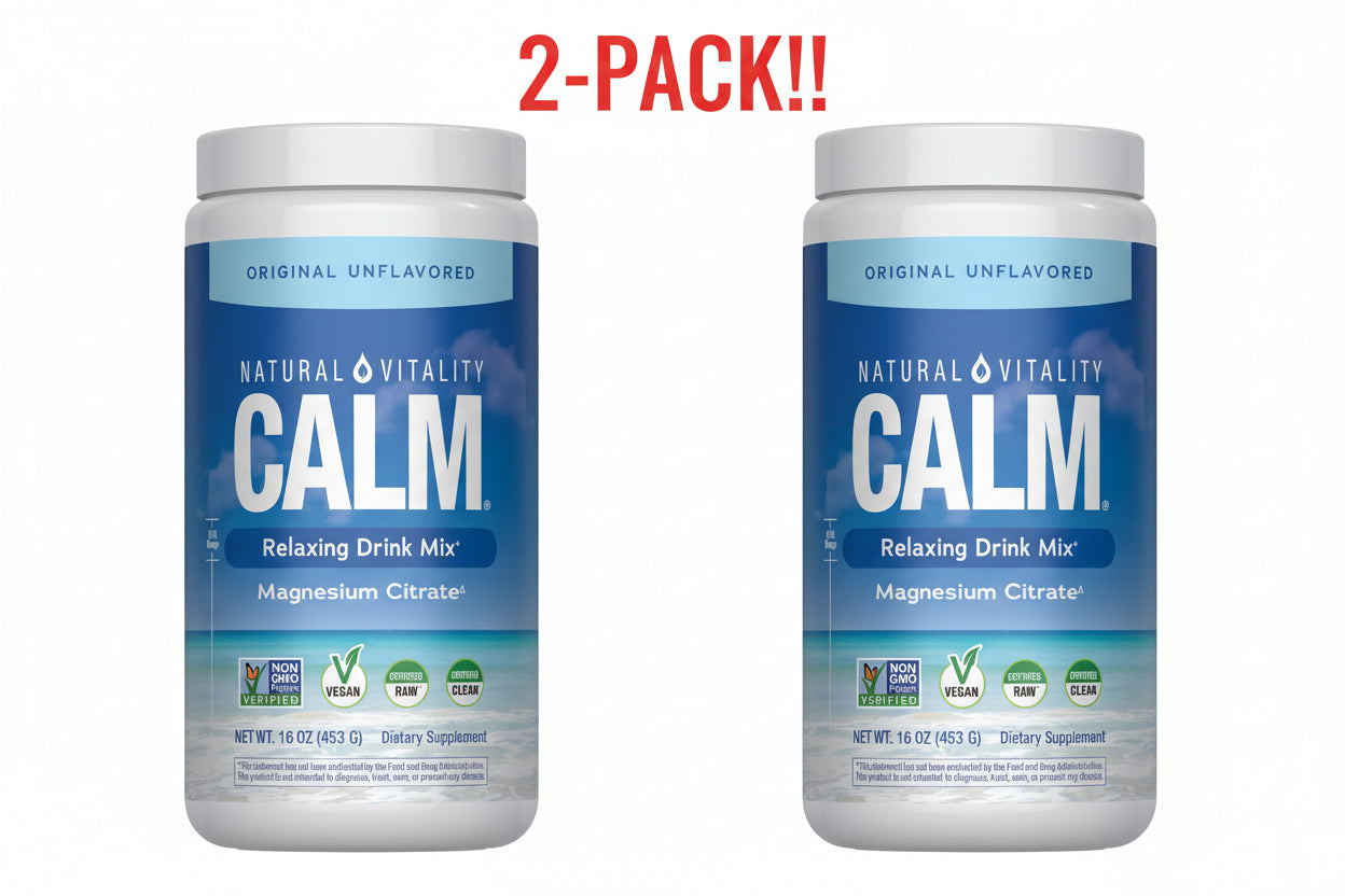Two containers of Natural Vitality Calm relaxing drink mix on a white background with '2-Pack!' text above.