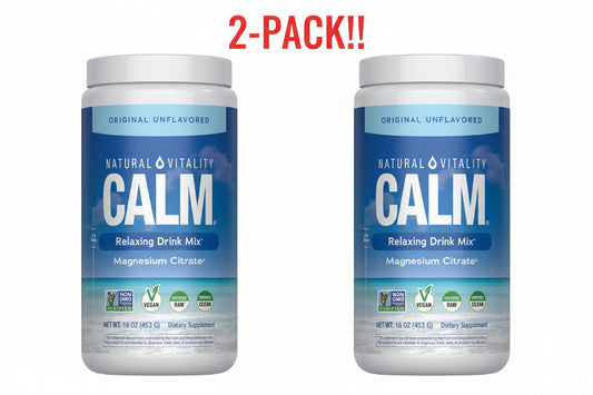 Two containers of Natural Vitality Calm relaxing drink mix on a white background with '2-Pack!' text above.