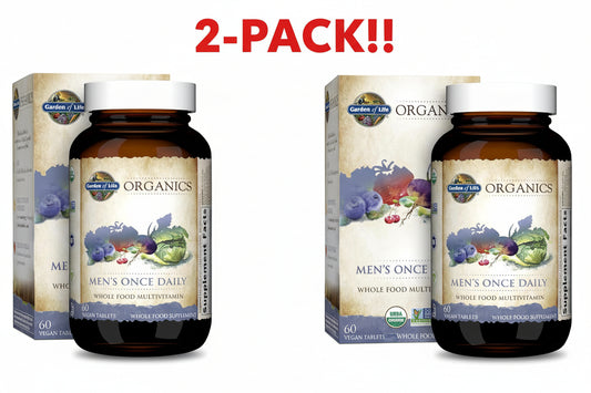 Garden of Life Organics Men's Once Daily multivitamin bottle and packaging on a white background