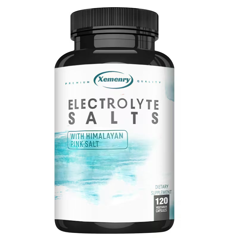 Bottle of Xemenry Electrolyte Salts with Himalayan Pink Salt on a white background