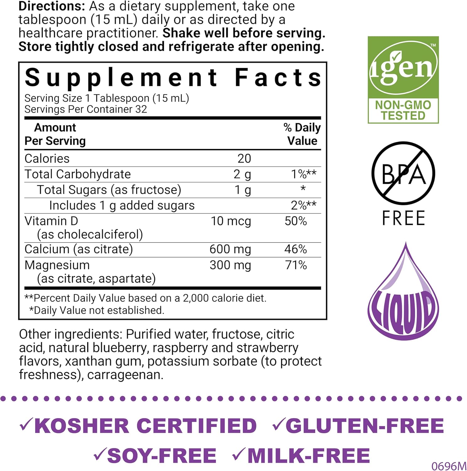 Supplement label with ingredients, nutritional information, and certification logos on a white background.