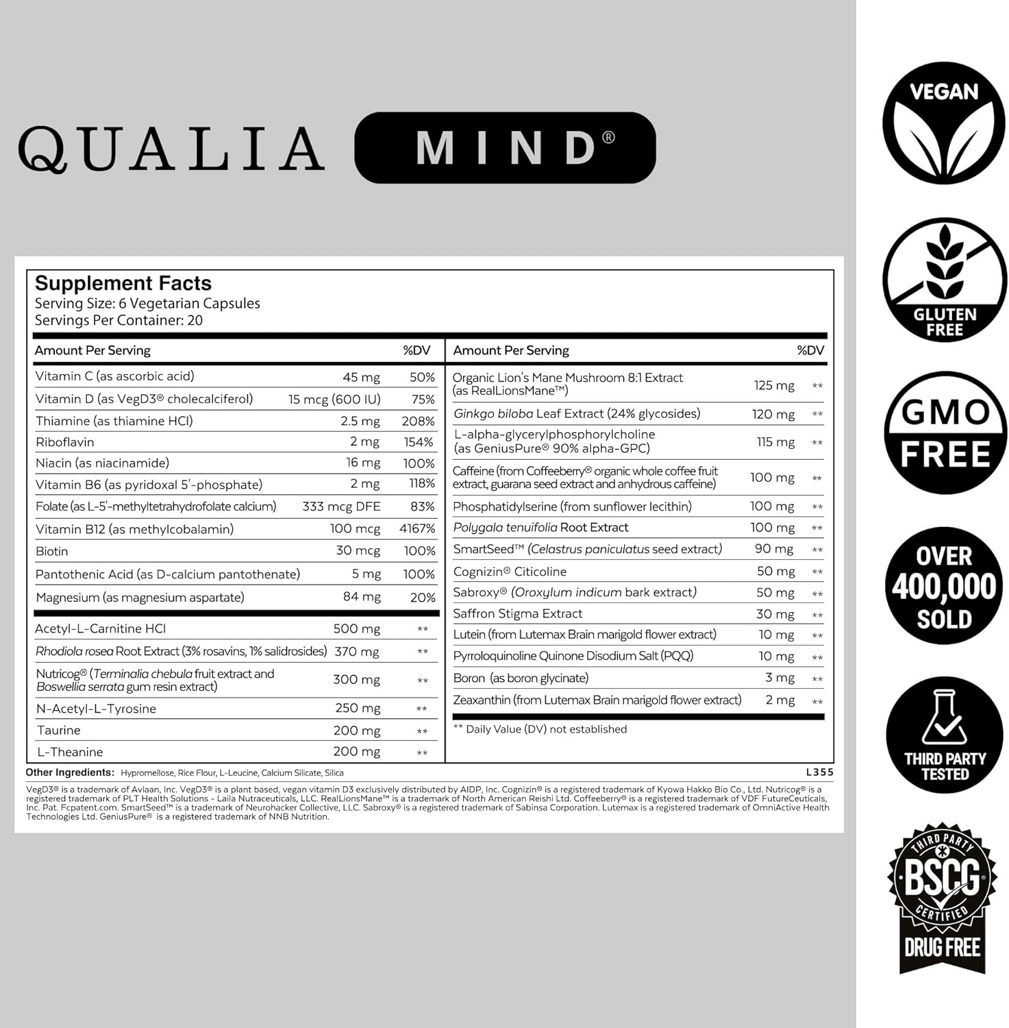 Supplement label for Qualia Mind with various certification logos on a gray background