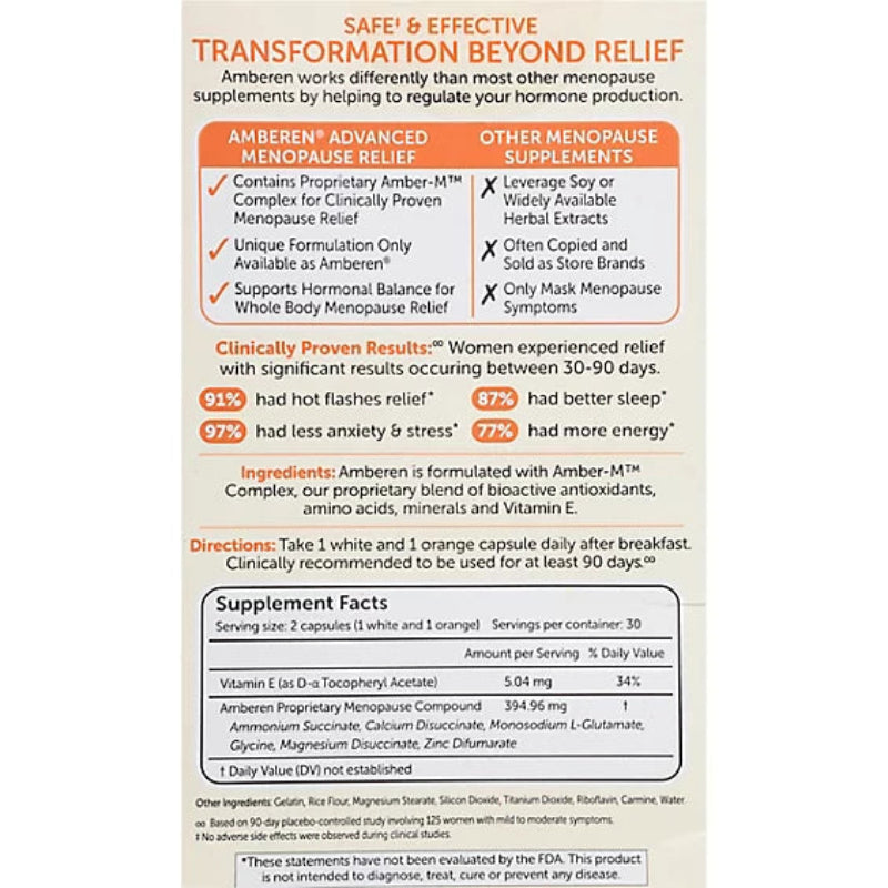 Amberen Advanced Menopause Relief supplement label with text and product details.