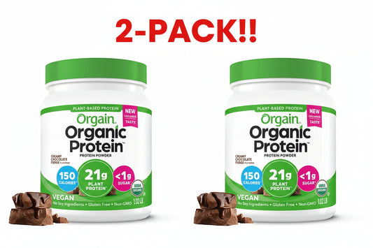 Orgain Organic Protein powder container with green lid and white body on a white background