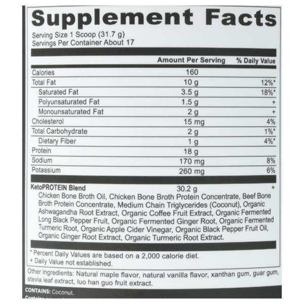 Nutritional label for a supplement product showing calories, fat content, protein, and other nutritional details.