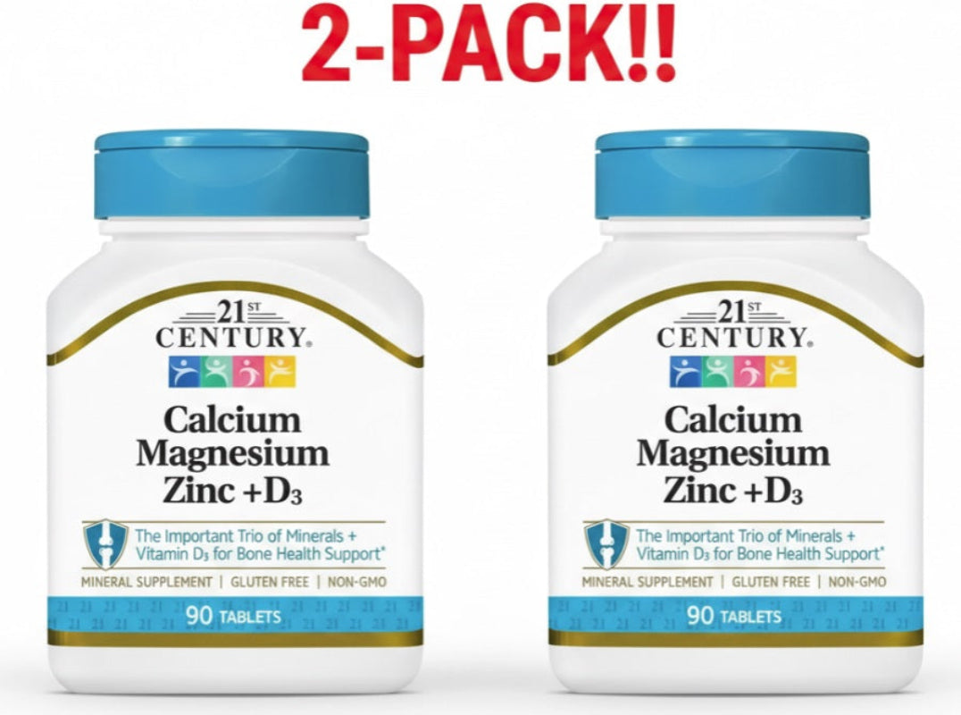 Two bottles of 21st Century Calcium Magnesium Zinc + D3 supplement on a white background with '2-Pack!!' text.