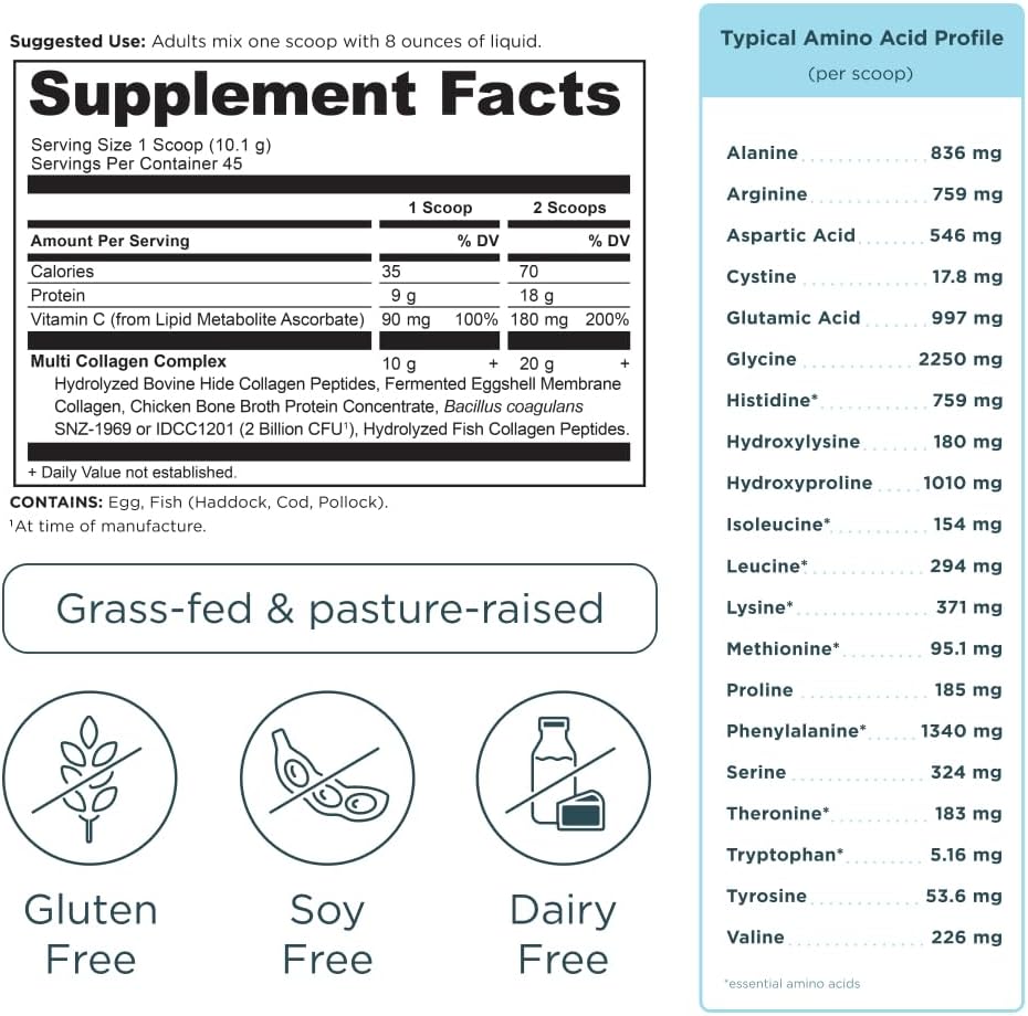 Supplement label with facts, amino acid profile, and dietary information.