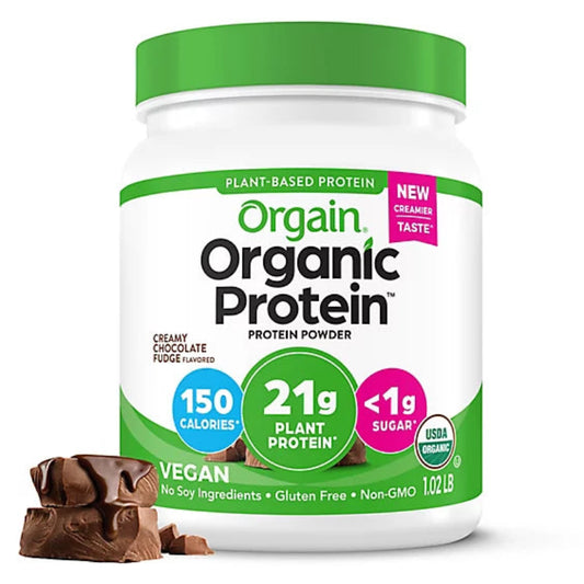 Orgain Organic Protein powder container with green lid and white body on a white background