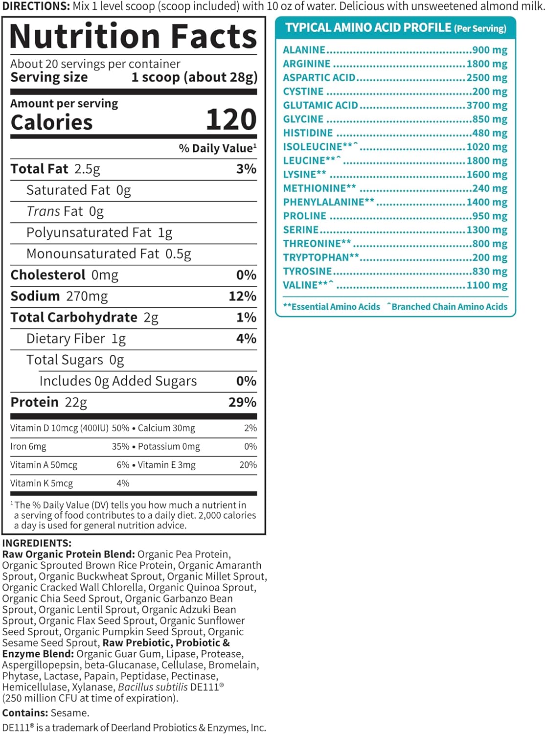 Nutrition facts label and amino acid profile for a protein supplement on a white background