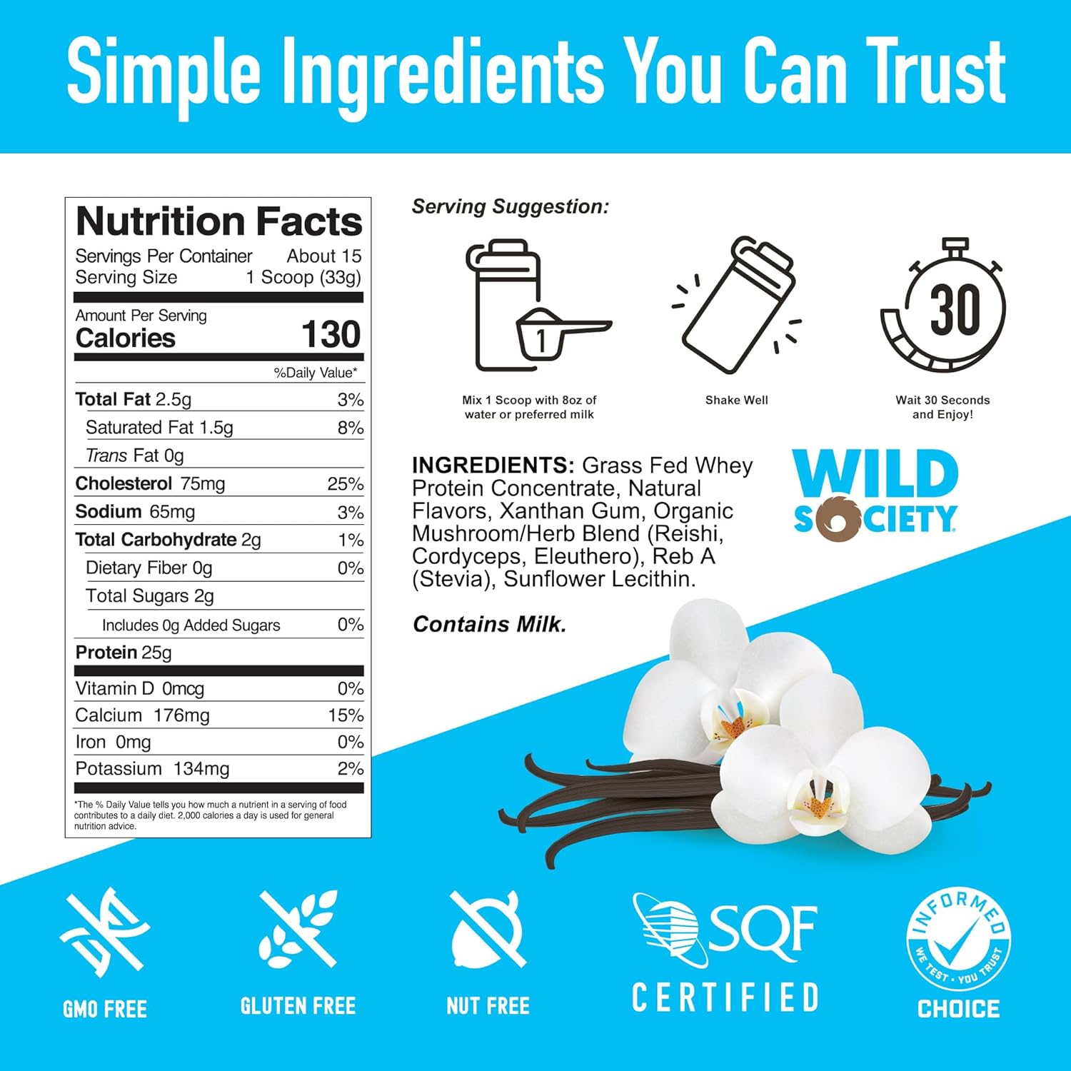 Nutrition label and product information for a protein supplement with Wild Society branding on a blue background.