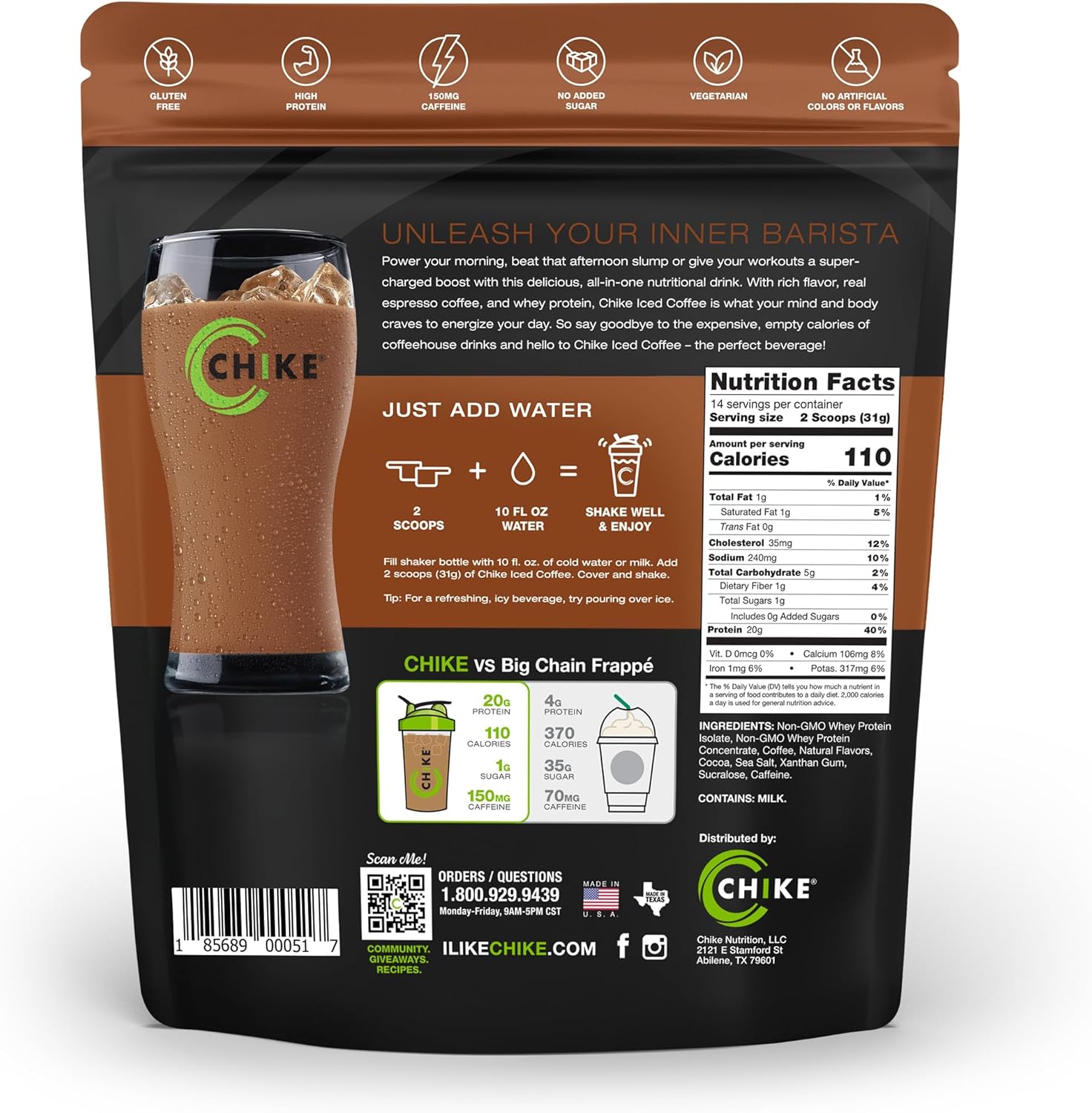 Chike protein shake package with nutritional information and branding.