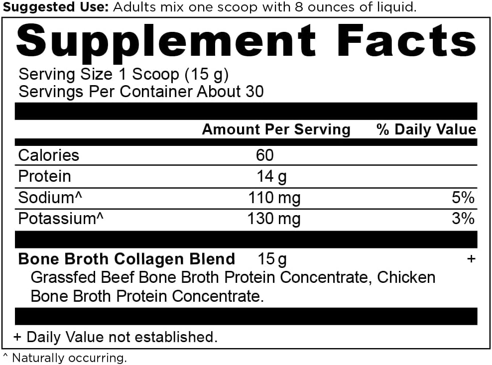 Supplement facts label for a bone broth collagen blend product.