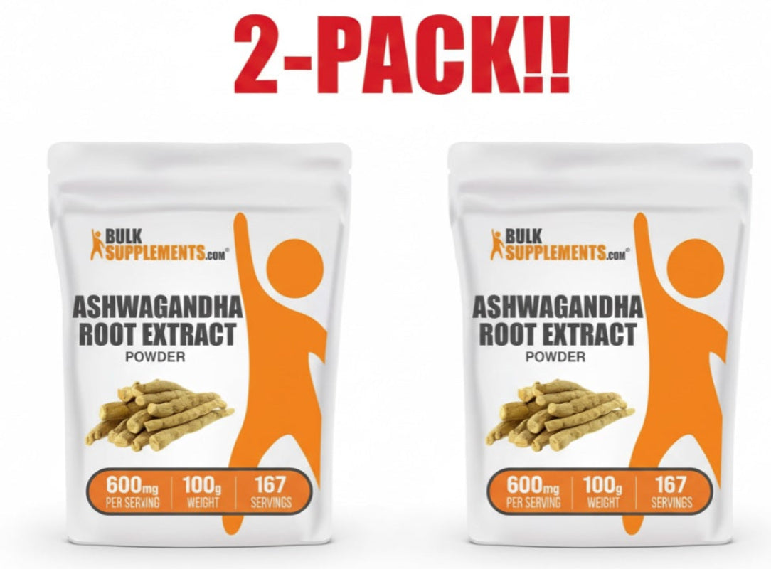 Two packages of Bulk Supplements Ashwagandha Root Extract Powder with a '2-Pack!' label.