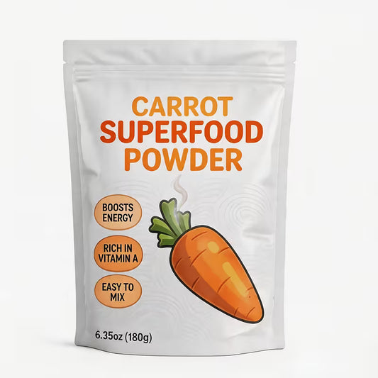 Package of carrot superfood powder with a carrot illustration on a white background