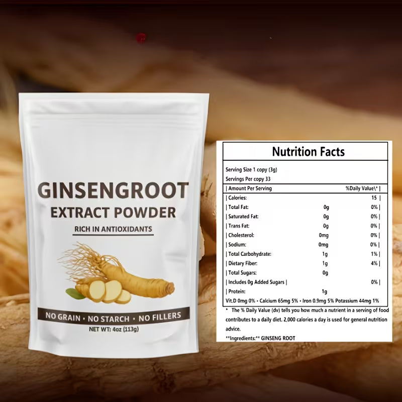 Ginsengroot extract powder package with nutrition facts label on a wooden background