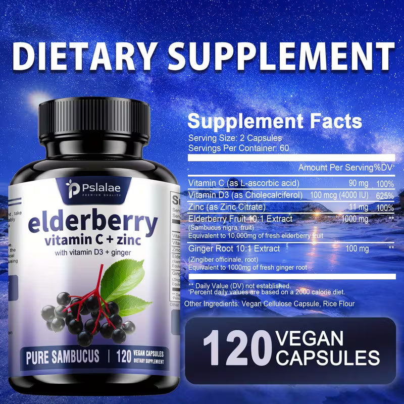 Elderberry with Vitamin C, D3, Ginger Root – 120ct Peaceful Pleasures