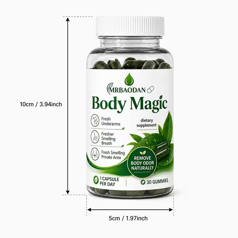 Supplement bottle labeled 'Body Magic' with dimensions indicated on a white background