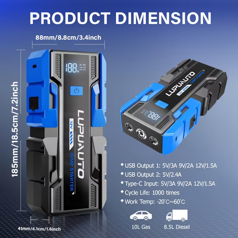 LUPU AUTO battery charger with dimensions and specifications on a blue background