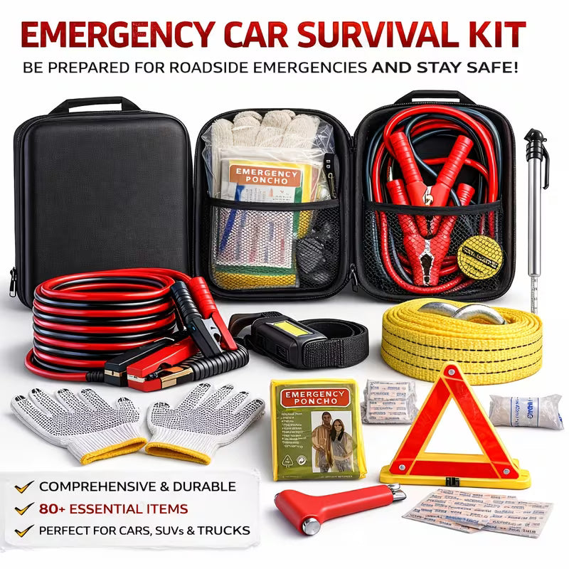 Emergency car survival kit with various tools and supplies on a white background