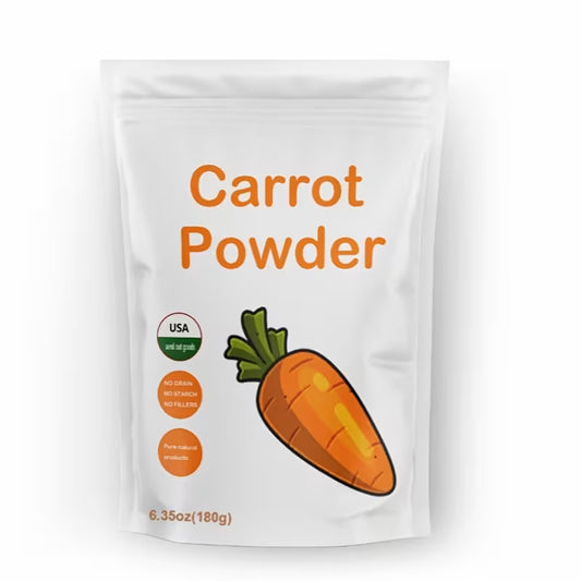 Package of carrot powder with a carrot illustration on a white background