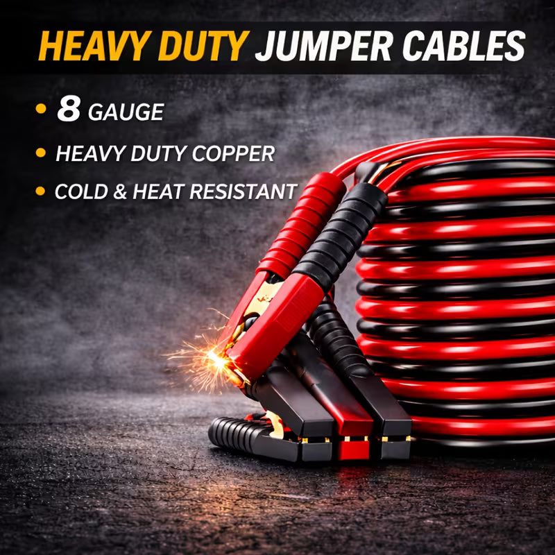Heavy-duty jumper cables with sparks on a dark background, featuring text about gauge and material.