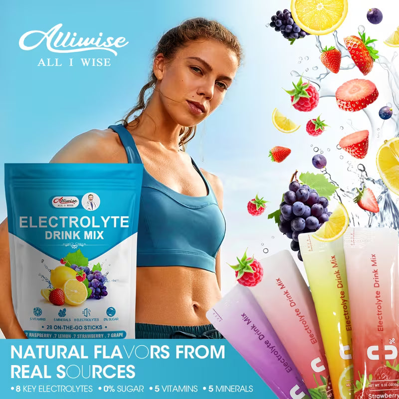 Woman holding Allwise Electrolyte Drink Mix with fruit graphics and product packaging.