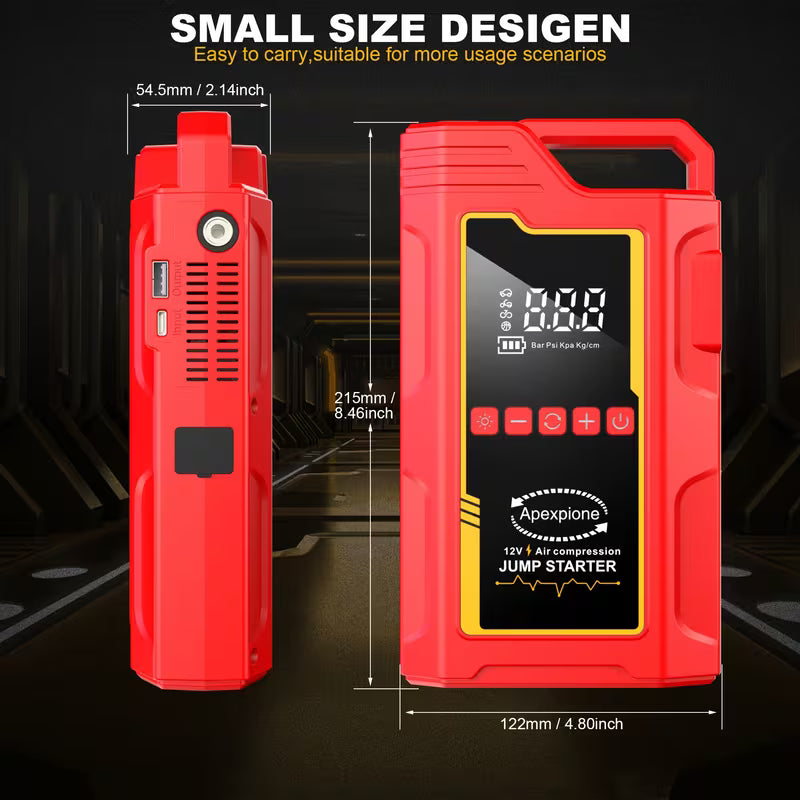 Red jump starter with digital display and dimensions on a dark background