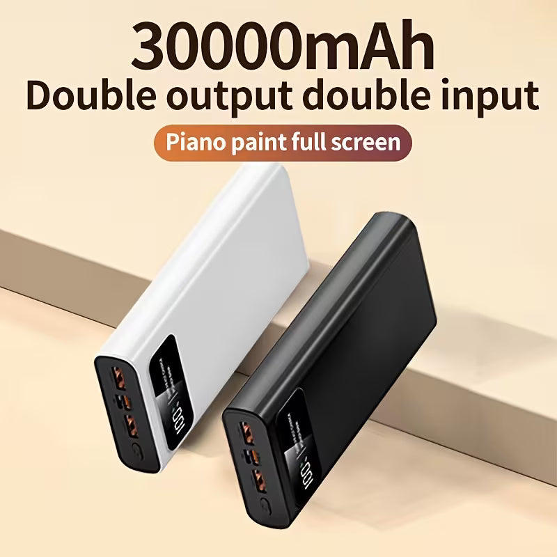 Two power banks, one white and one black, with text indicating 30000mAh capacity and dual output/input on a beige background.