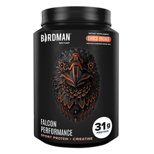 Birdman protein powder container with black and orange design on a white background
