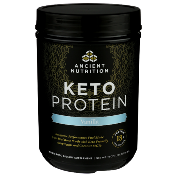 Black container of Ancient Nutrition Keto Protein Vanilla flavor on a white background