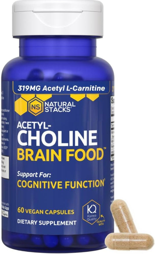 Supplement bottle labeled 'Acetyl-Choline Brain Food' by Natural Stacks on a white background