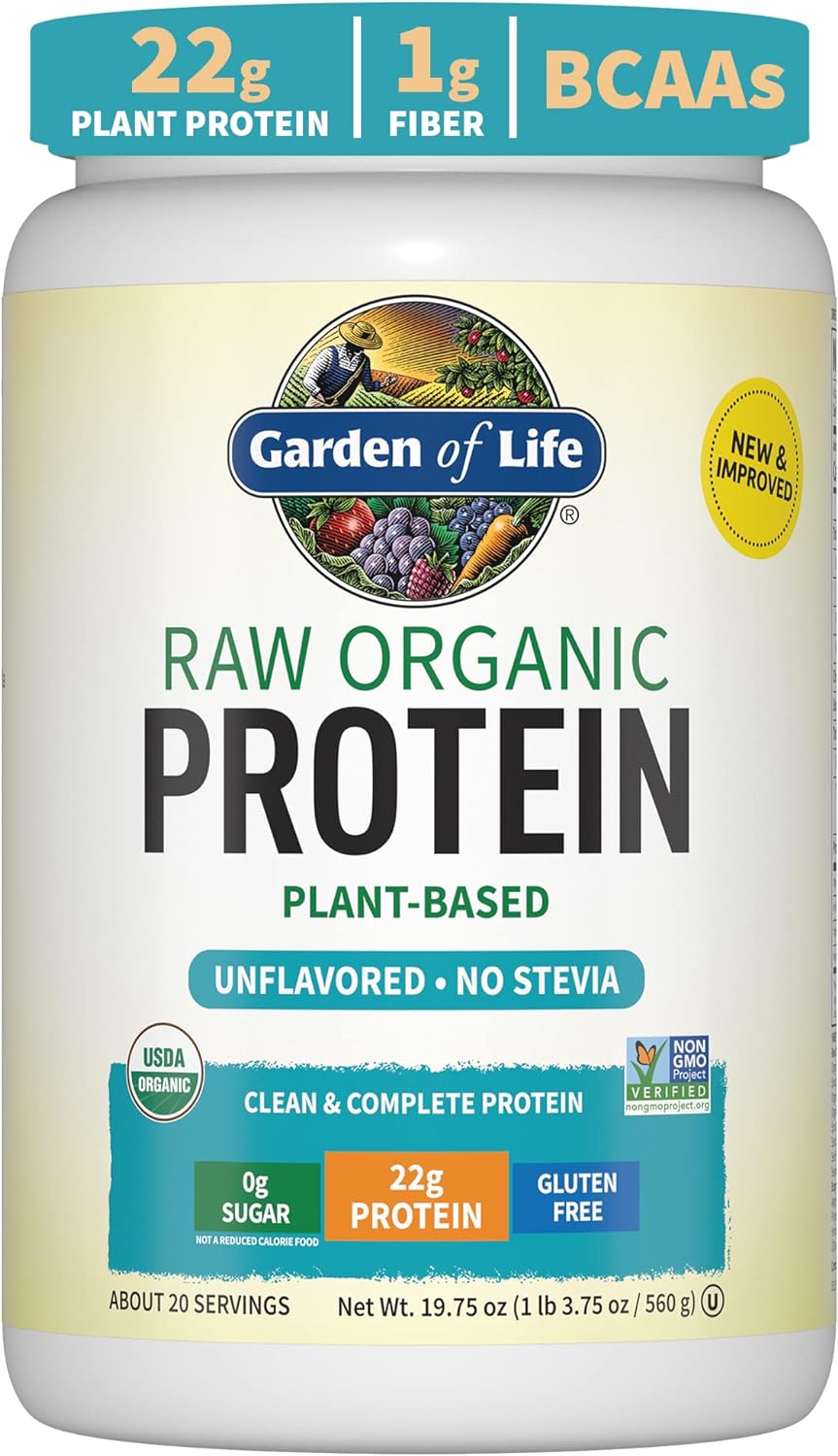 Garden of Life raw organic protein powder container on a white background