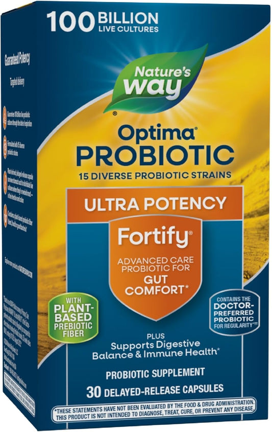 Nature's Way Optima Probiotic supplement box with yellow and blue design.