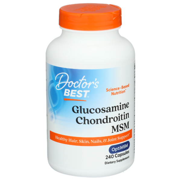 Supplement bottle labeled 'Doctor's Best Glucosamine Chondroitin MSM' on a white background