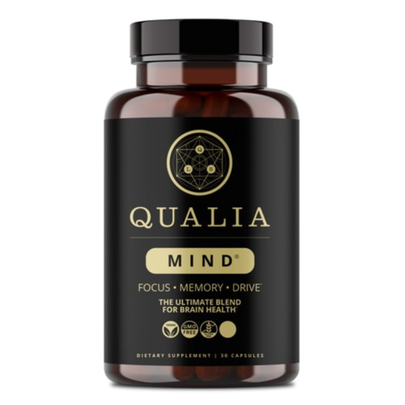 Supplement bottle labeled 'Qualia Mind' on a white background