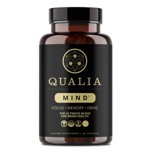 Supplement bottle labeled 'Qualia Mind' on a white background