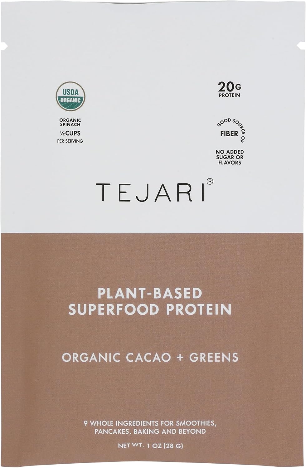 Tejari plant-based superfood protein package with cacao and greens flavor on a white background