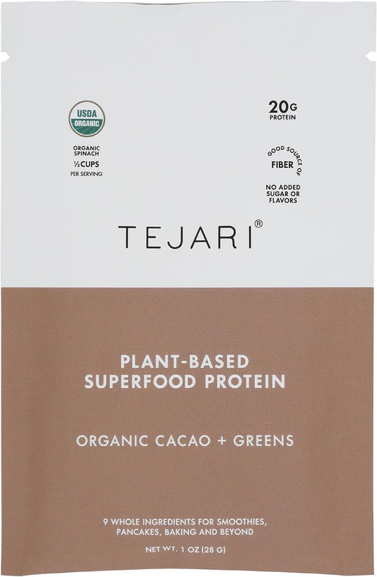 Tejari plant-based superfood protein package with cacao and greens flavor on a white background