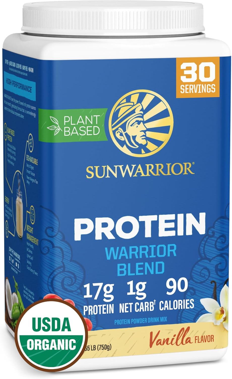 Sunwarrior Warrior Blend protein powder container with blue label and white lid.