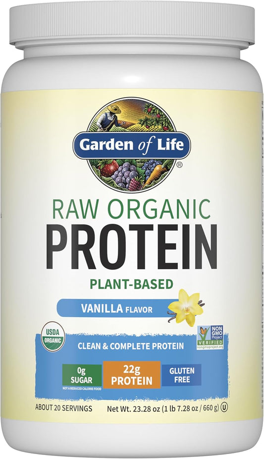 Garden of Life raw organic protein powder container with vanilla flavor label.